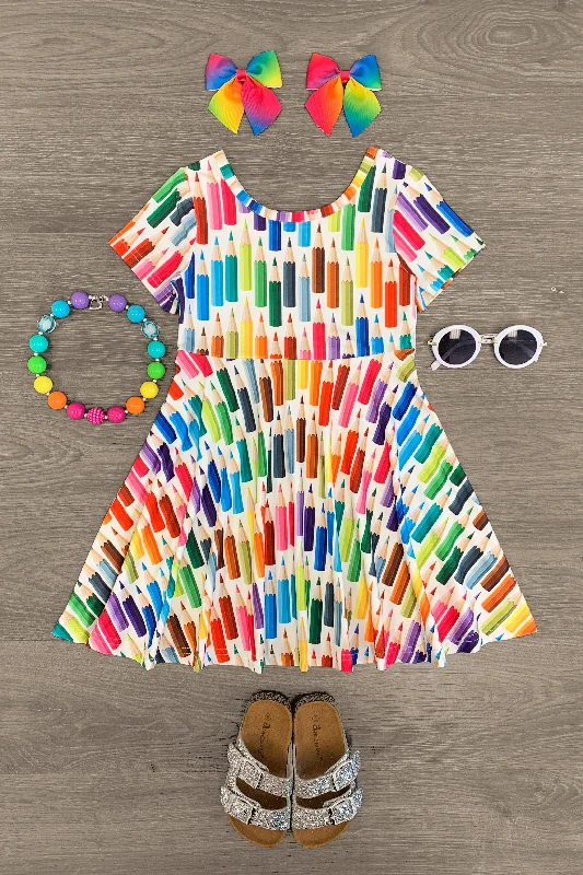 Rainbow Colored Pencil Short Sleeve Dress