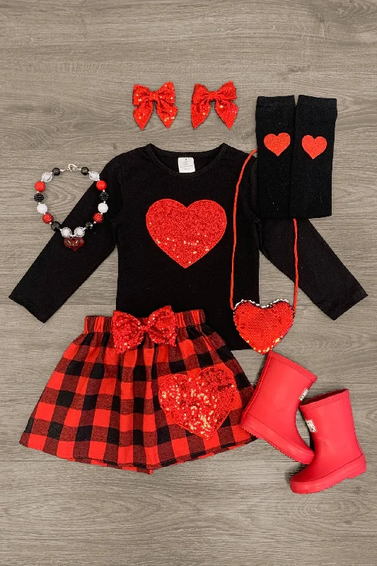 Red Heart Sequin & Plaid Skirt Set