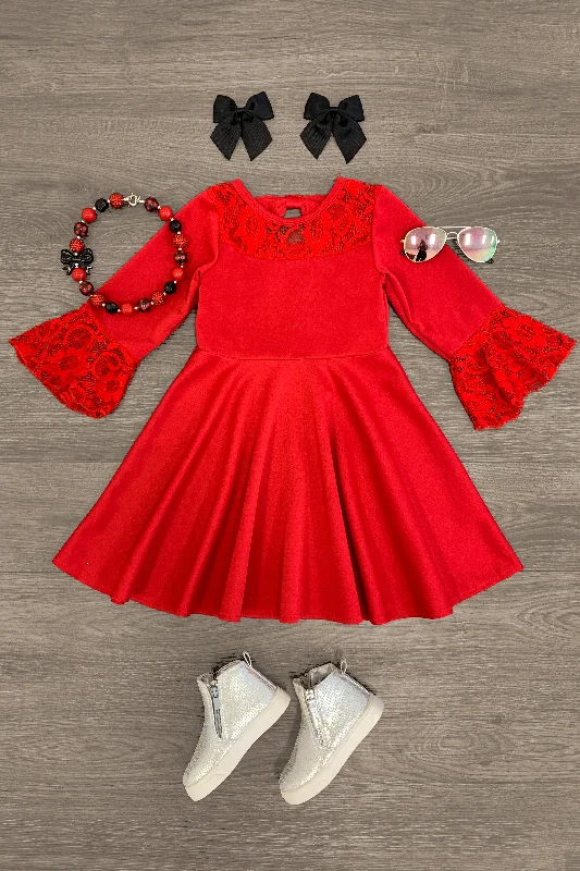 Red Lace Bell Sleeve Dress