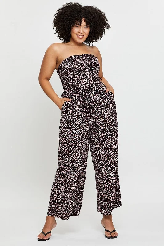 Animal Print Jumpsuit Strapless Waist Tie