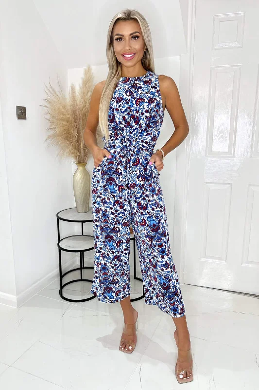 Blue And Red Floral Printed Knot Front  Round Neck Jumpsuit