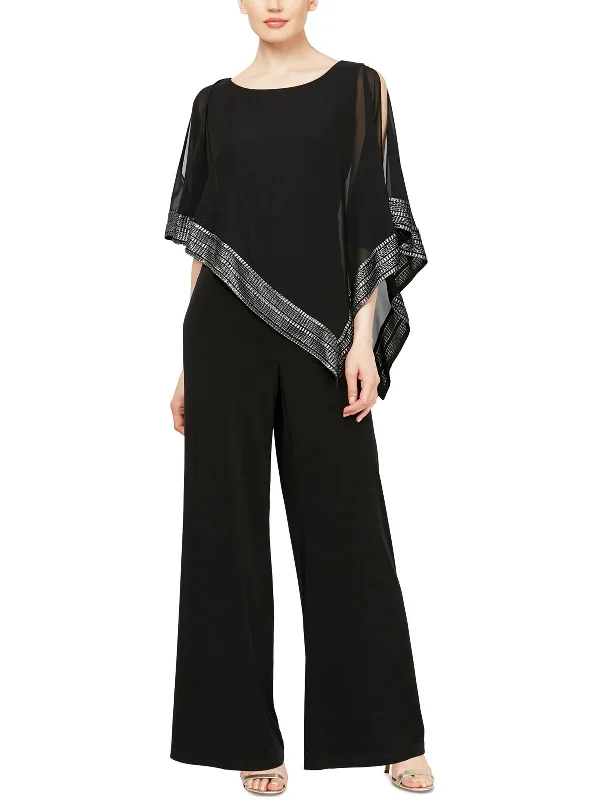 Petites Womens Chiffon Metallic Jumpsuit