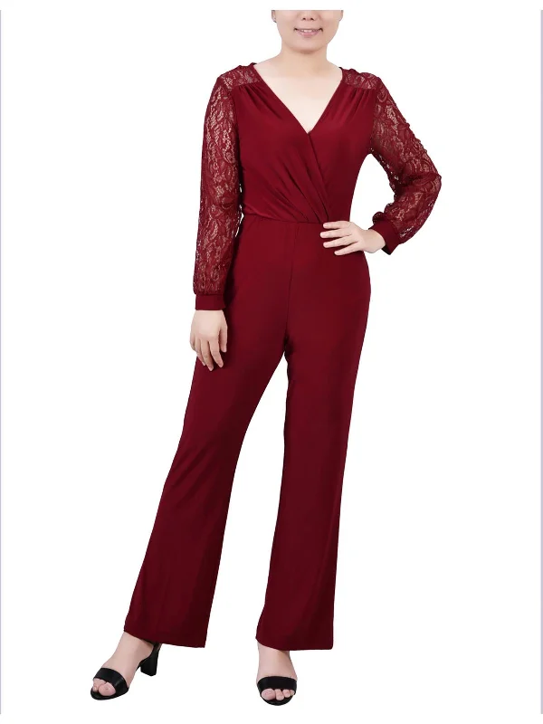 Petites Womens Surplice Lace Trim Jumpsuit