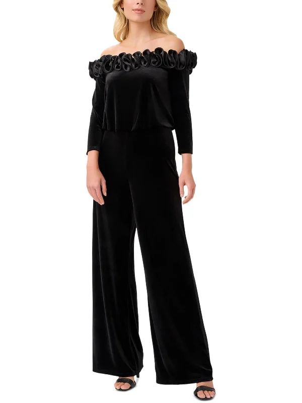 Plus Womens Velvet Off The Shoulder Jumpsuit