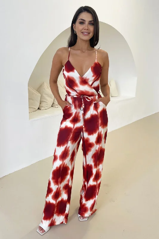 Rust Printed Strappy Tie Waist Jumpsuit