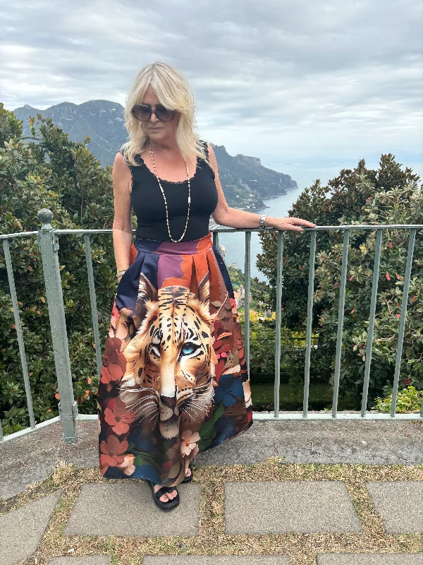 Tiger Design Satin Maxi Skirt