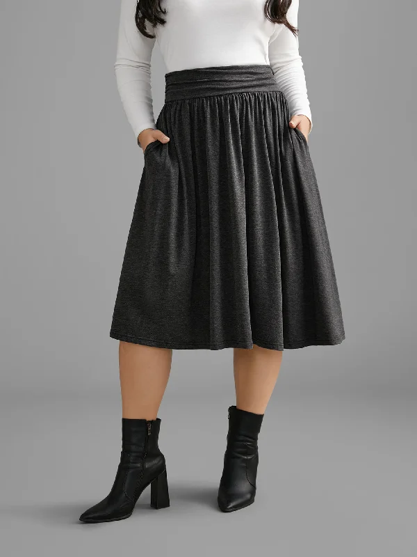 Plain Ruched Pocket Slightly Stretchy Skirt