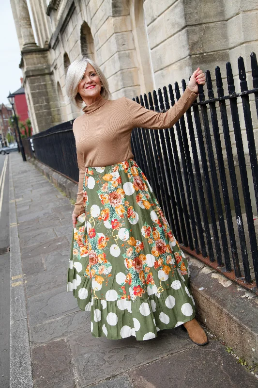 Polka Dot Floral Maxi Skirt Khaki