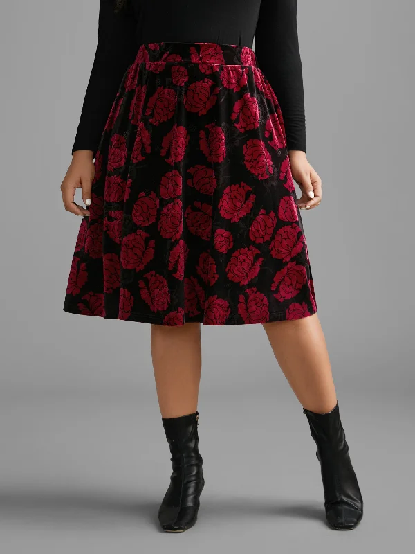 Velvet Floral Elastic Waist Skirt